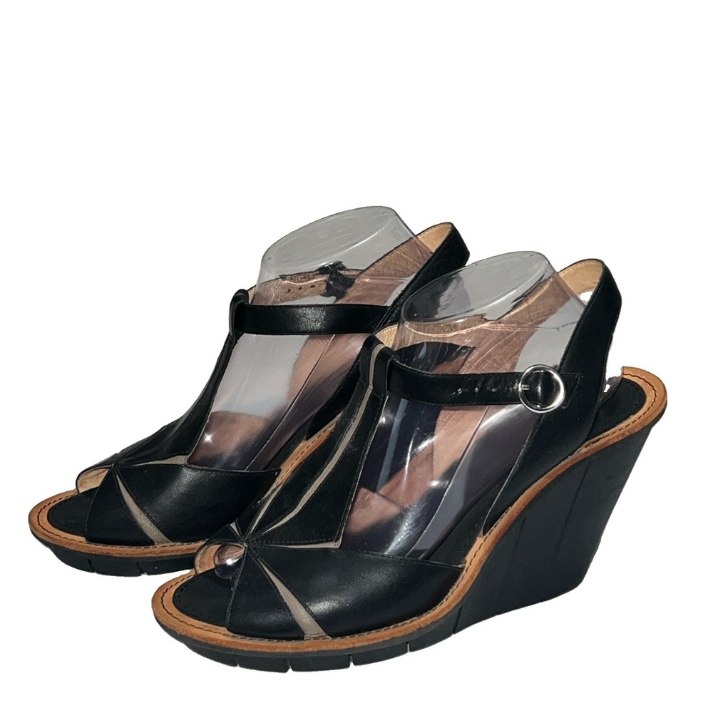 Camper Olivia T-Strap Wedge Sandal Women Size 41 US 10-10.5 Leather Black